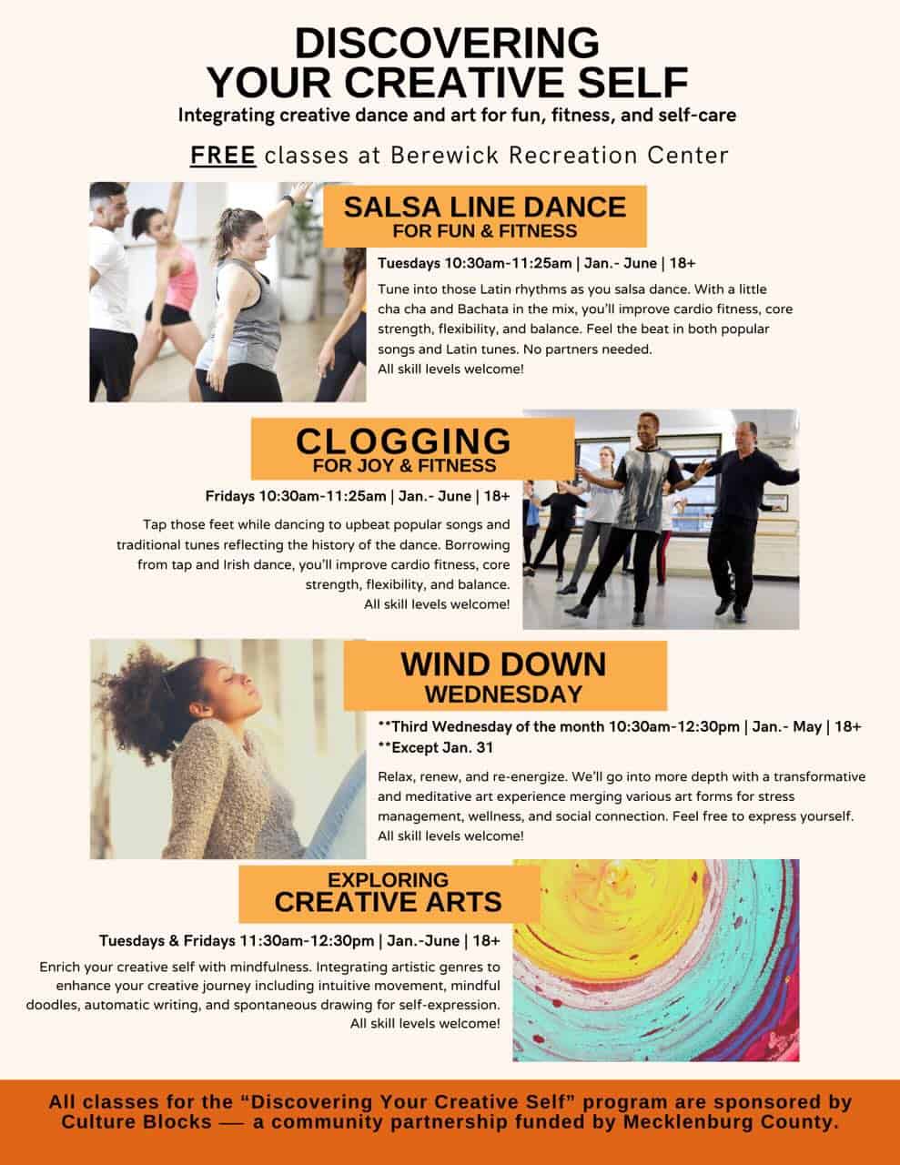 Discovering Your Creative Self free salsa dancing, clogging, and art
