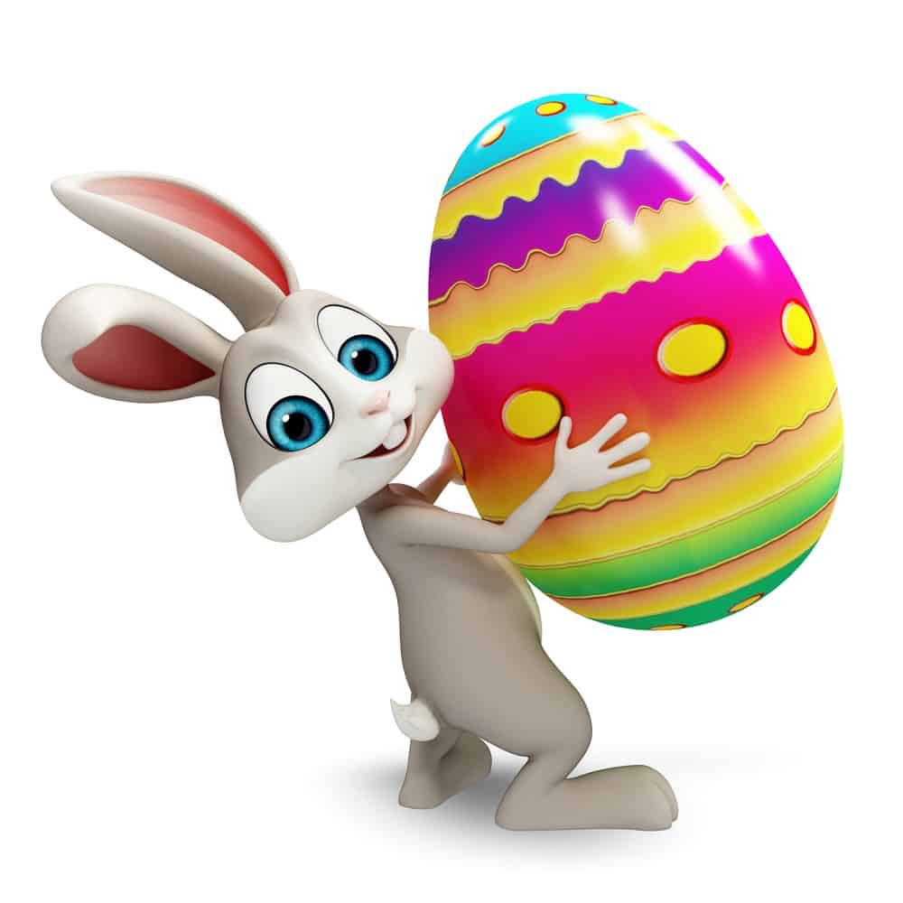 Illustration of Easter Bunny holding large Easter egg