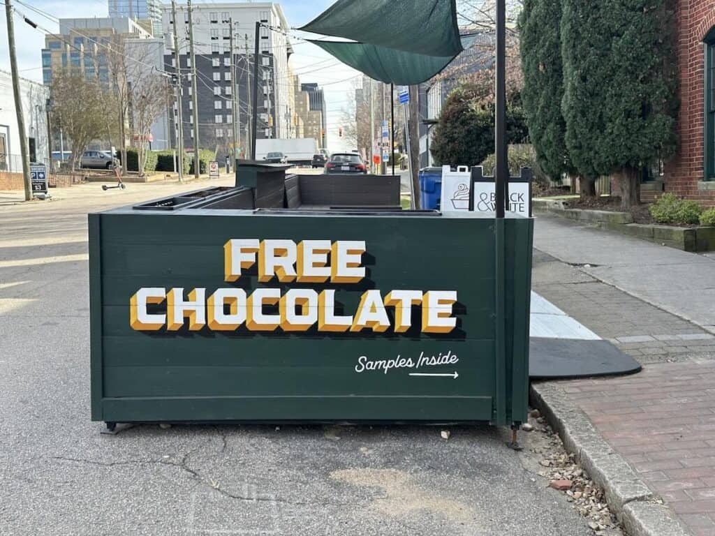 Free Chocolate samples sign outside Videri in Raleigh