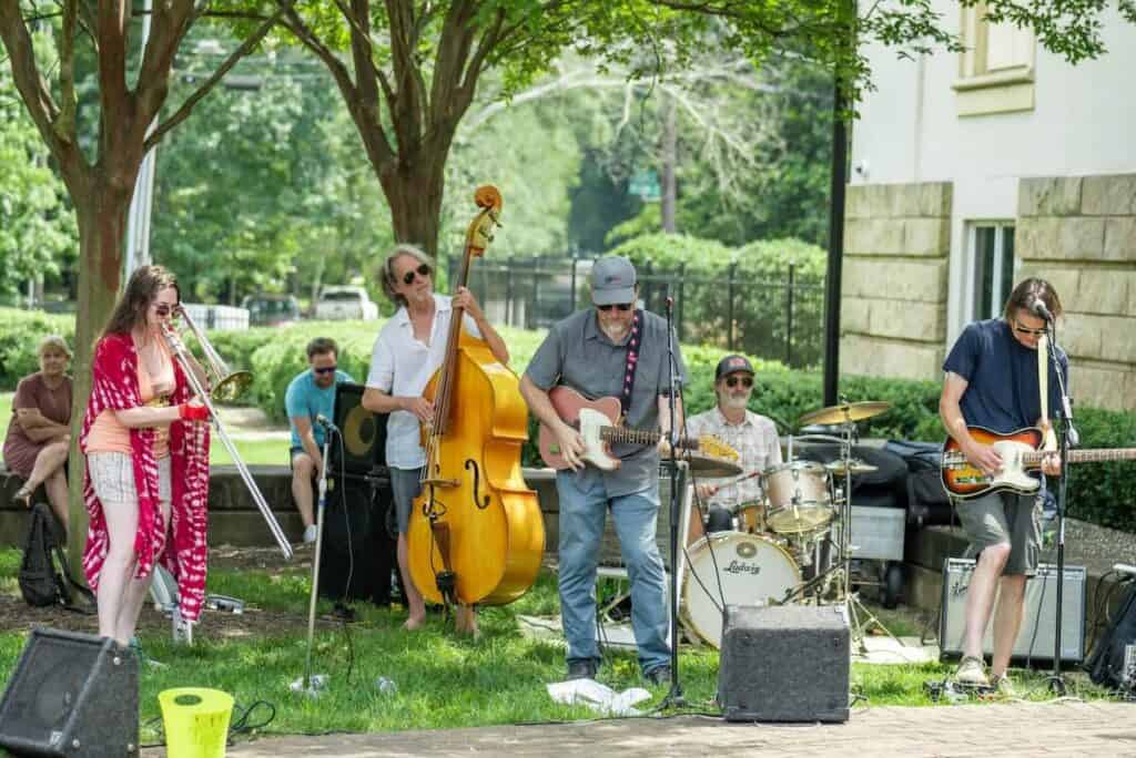 band playing in front of Mint Museum Randolph during Party in the Park