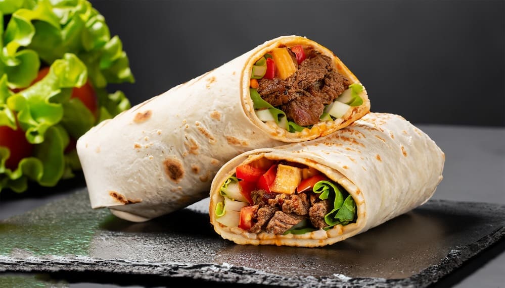 two burritos on a table