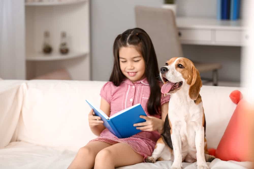 young girl reading a book to a dog