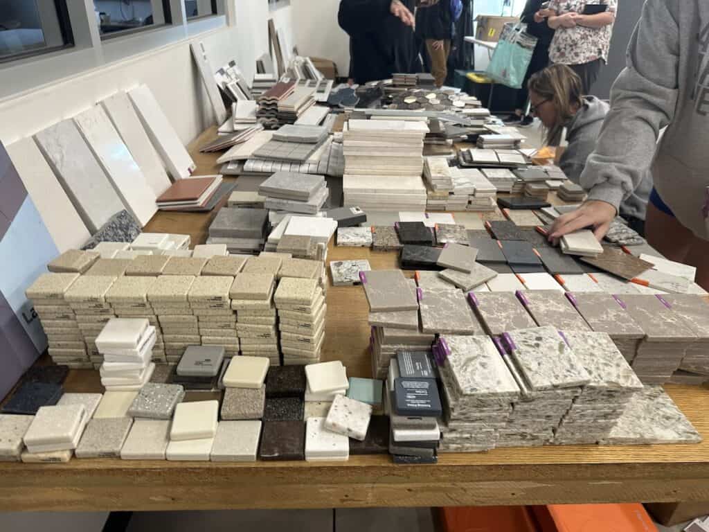 tiles in piles on table