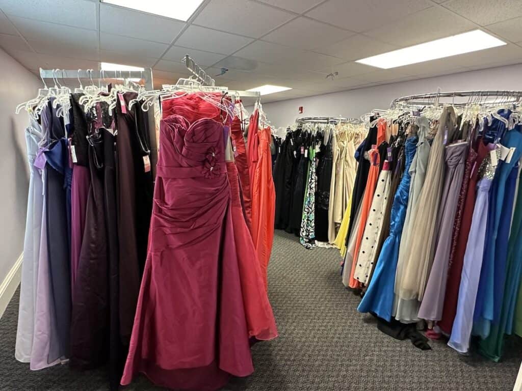 prom dresses on racks