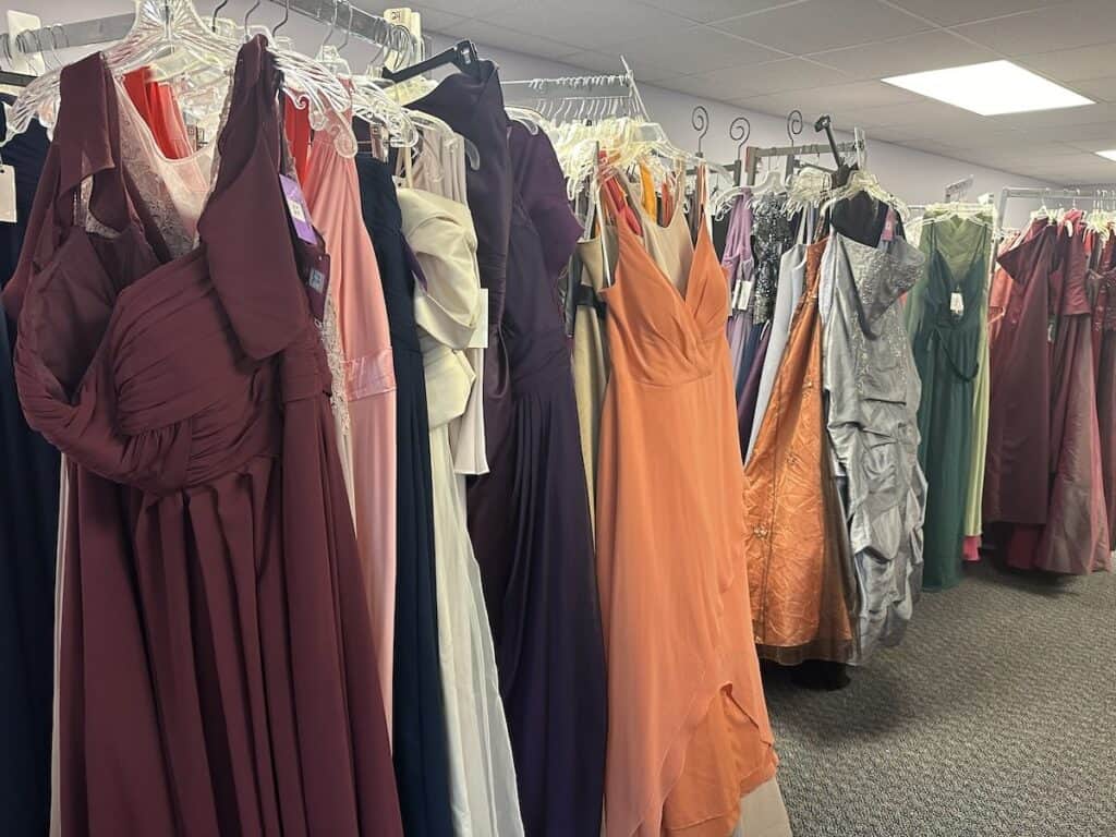 prom dresses on racks