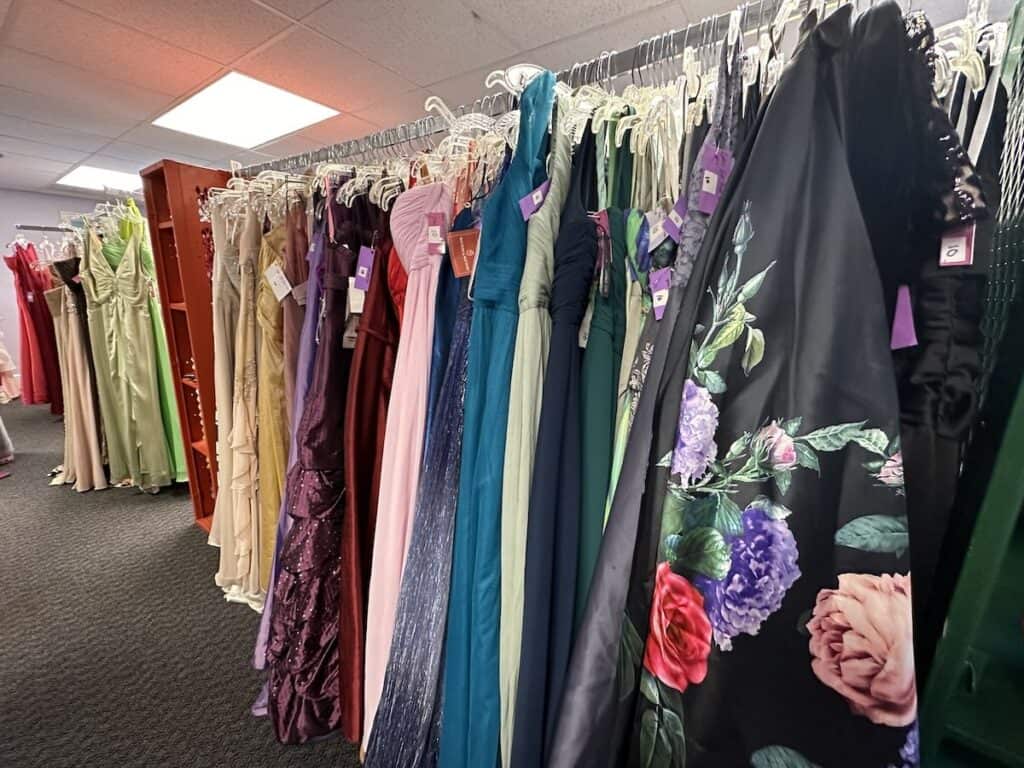 prom dresses on racks