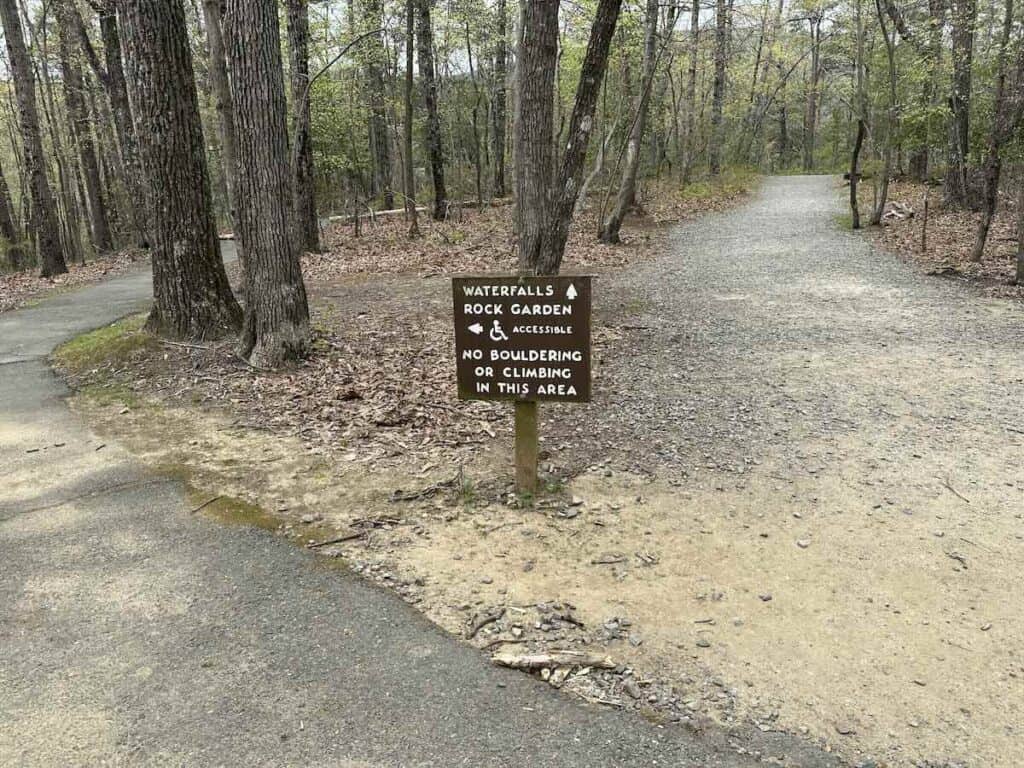 Sign for waterfalls and rock garden trail at Hanging Rock State Park.