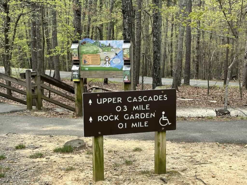 Sign for Upper Cascades and Rock Garden Trail at Hanging Rock State Park.