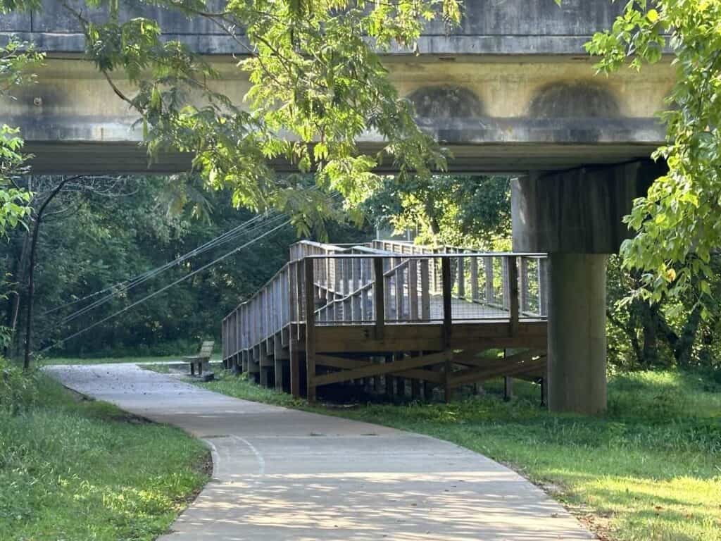 Walkway to suspension bridge at First Broad River Trail
