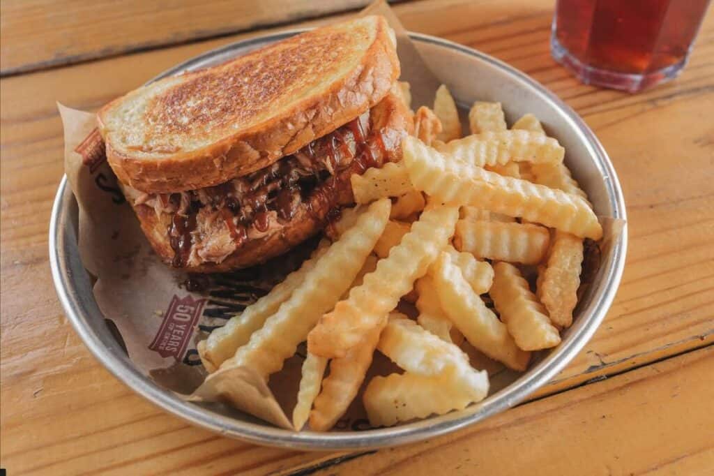Pork sandwich and fries from Sonny's