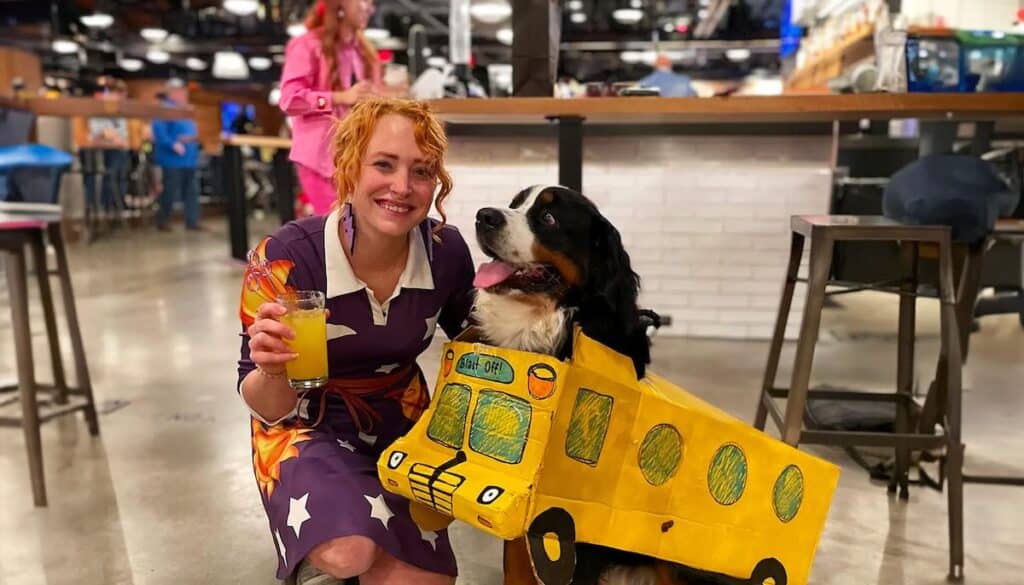 dog in school bus costume