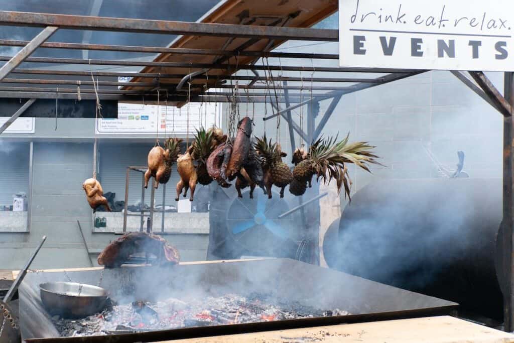 Meet cooking over a fire