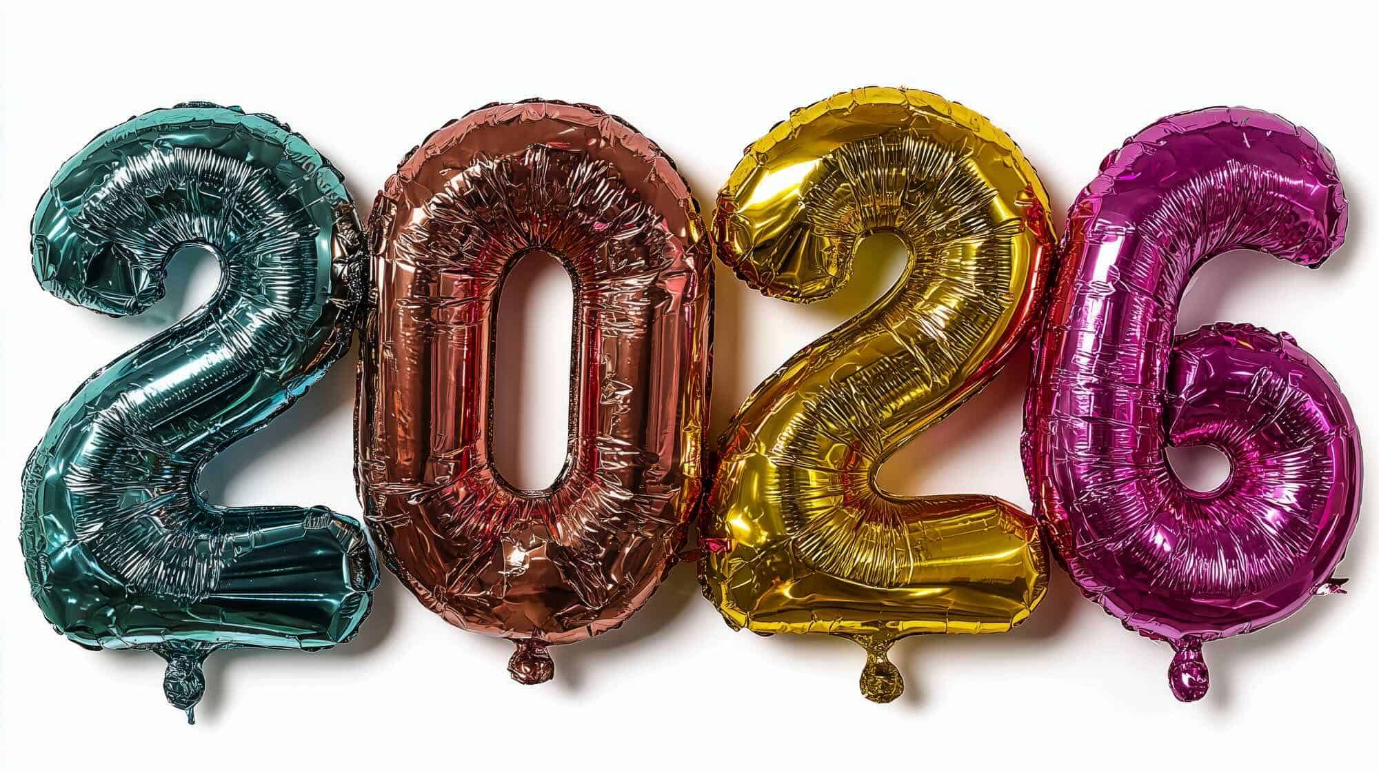Vibrant foil balloons displaying the number 2026 on a white background