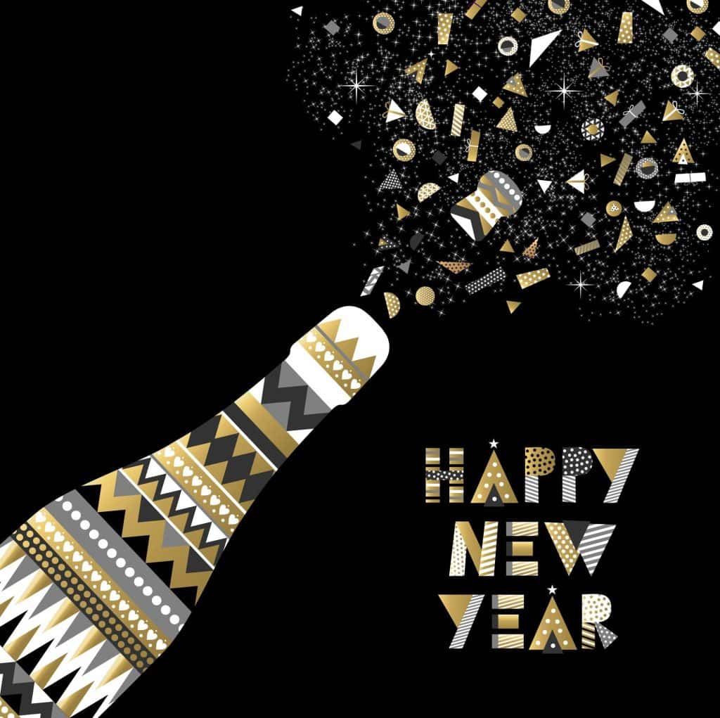 Gold Happy New Year card design party bottle making toast and elegant abstract decoration. EPS10 vector.