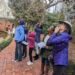 group of people looking at birds
