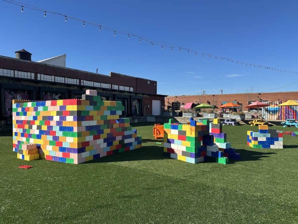 Giant Legos outside Ford Building at Camp North End