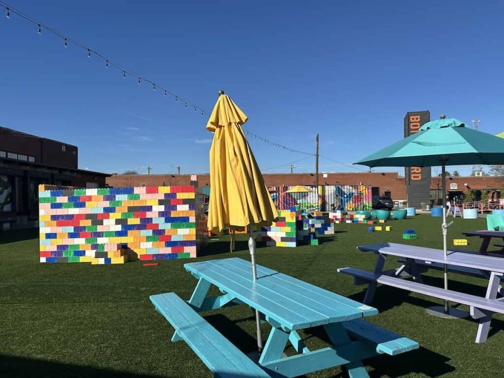 Giant Legos and picnic tables at Camp North End
