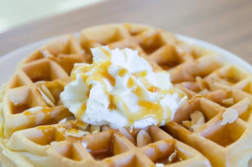 waffle on plate, with whipped cream and caramel sauce