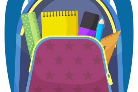 Colored school backpack. Education and study back to school, schoolbag luggage, rucksack vector illustration. Kids school bag with education equipment. Backpacks with study supplies. Student satchels