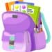 Purple school backpack. Education and study back to school, schoolbag luggage, rucksack vector illustration. Kids school bag with education equipment. Backpacks with study supplies. Student satchels
