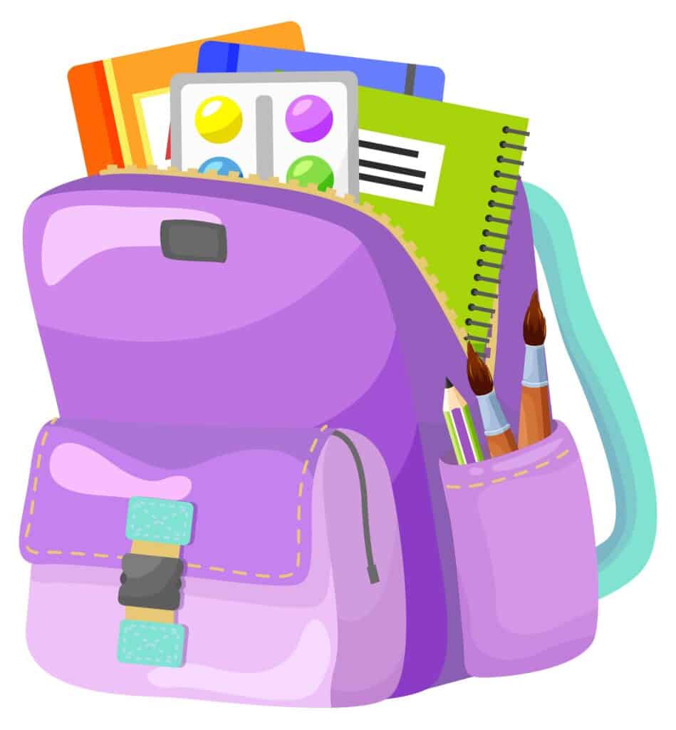 Purple school backpack. Education and study back to school, schoolbag luggage, rucksack vector illustration. Kids school bag with education equipment. Backpacks with study supplies. Student satchels