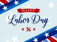 Happy Labor Day graphic with red white and blue and symbol of tools