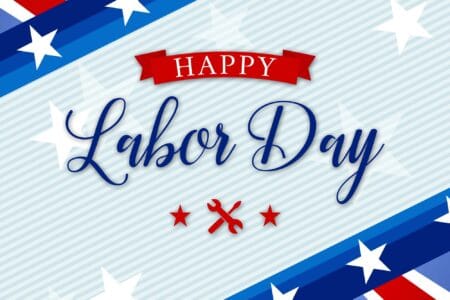Happy Labor Day graphic with red white and blue and symbol of tools