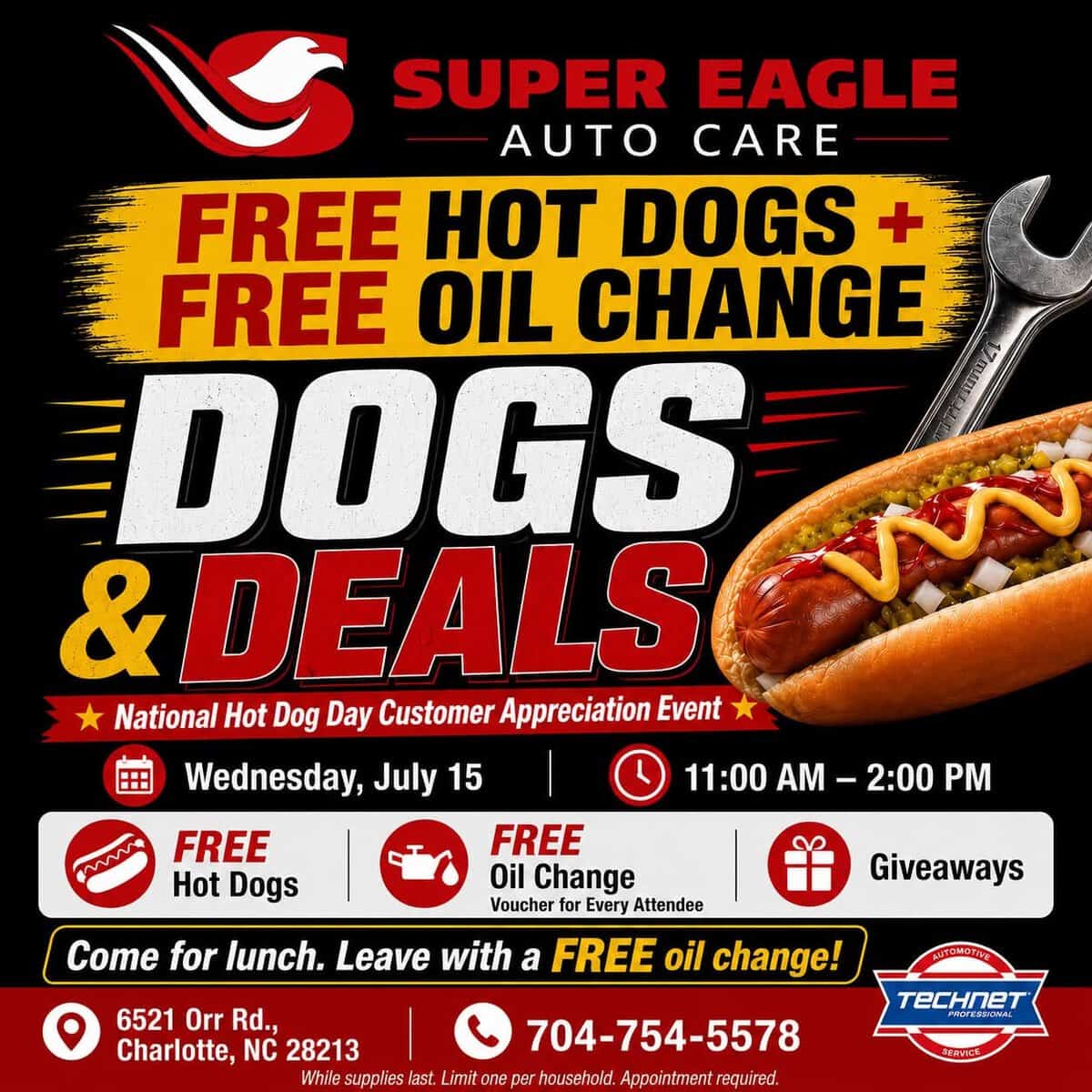Super Eagle Auto Care giving out free hot dogs and oil changes for National Hot Dog Day July 15