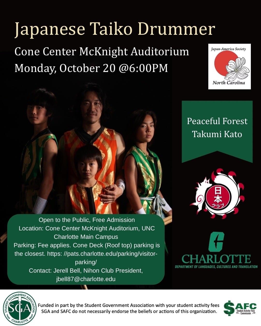 Free evening of Japanese Taiko Drumming at UNC Charlotte on Oct