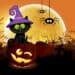 Halloween night background. Black cat and pumpkin in the cemetery. Hand drawing cartoon illustration
