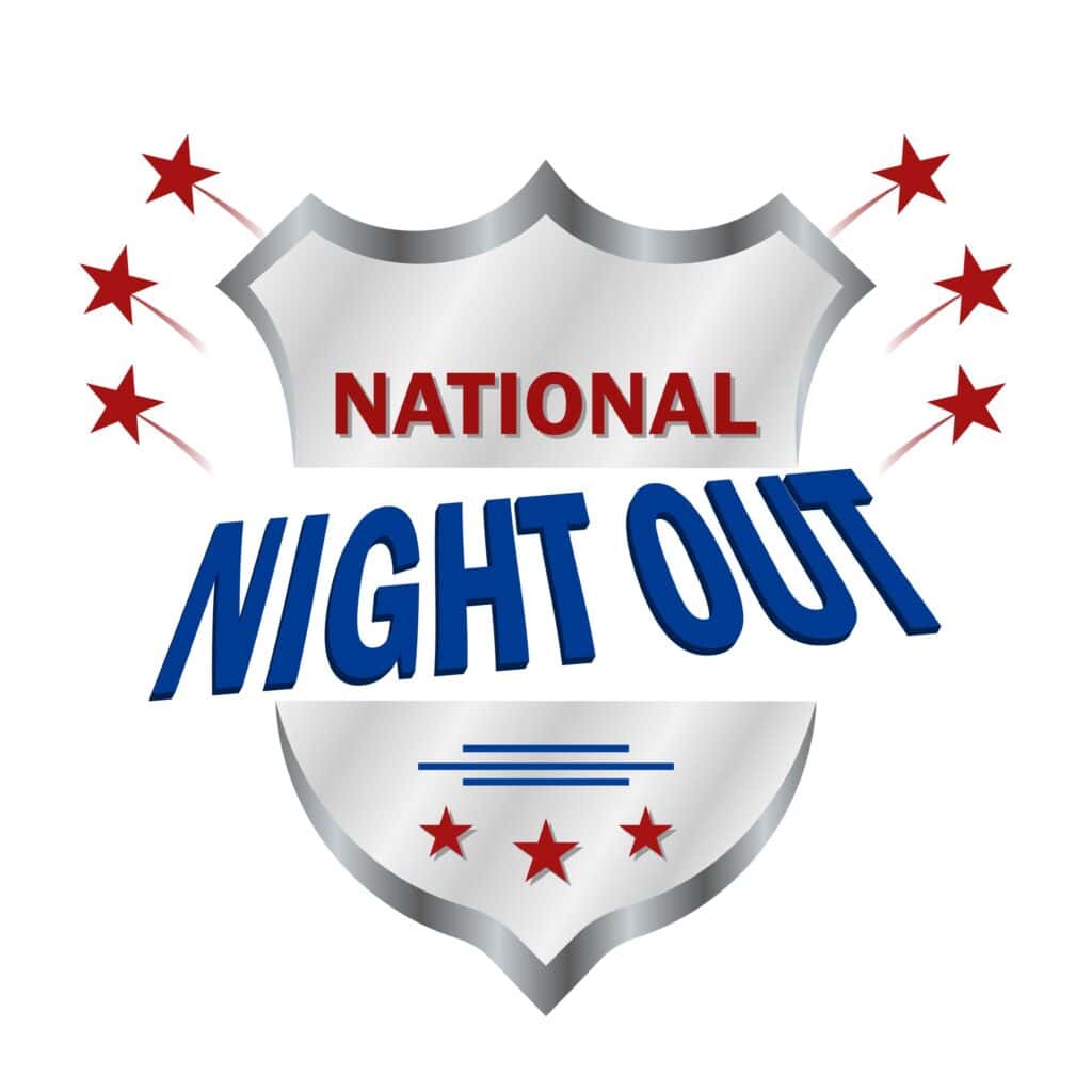 The words national night out in front of a badge