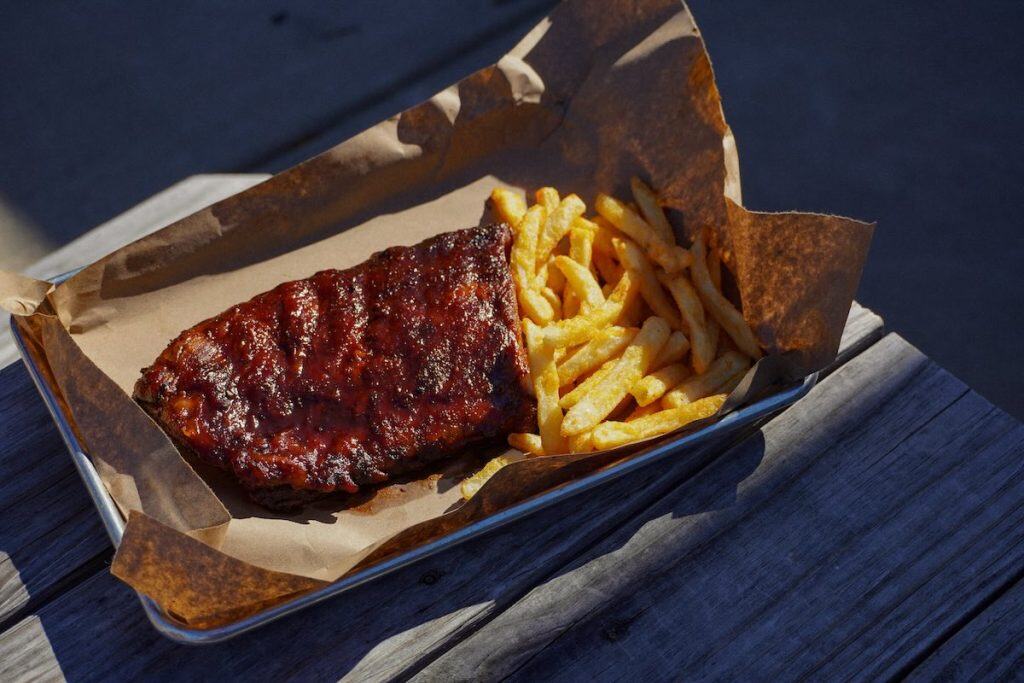 half rack of ribs, and fries, from Mac's Speed Shop