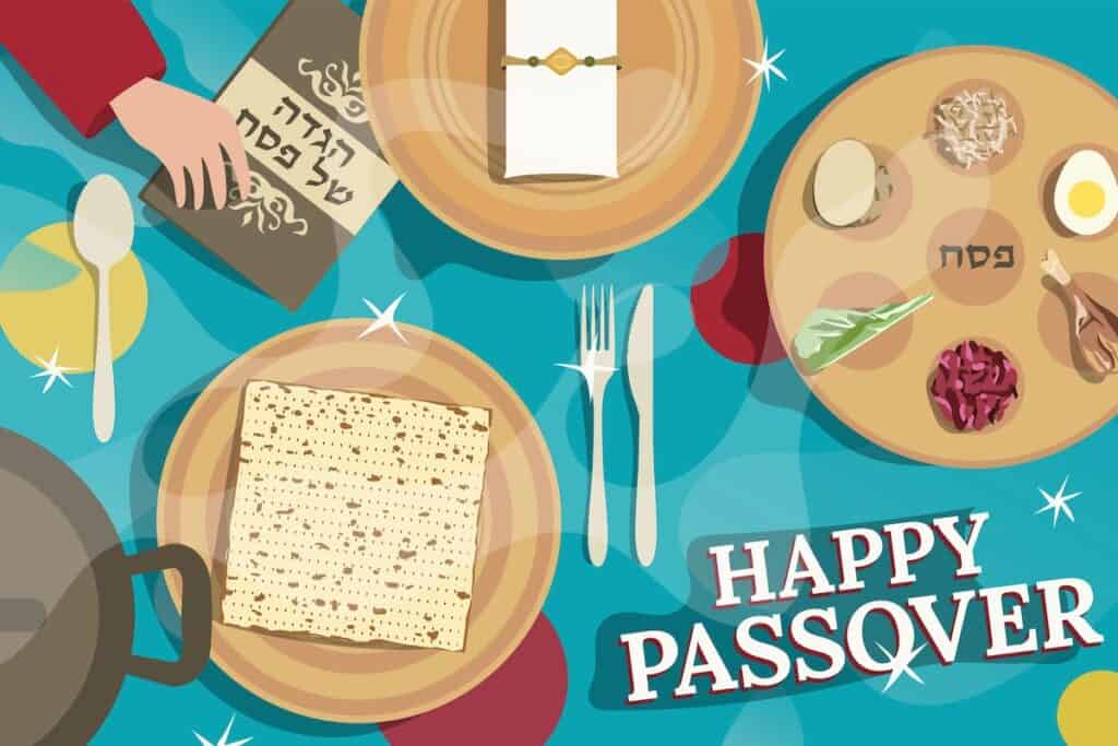 Graphic saying Happy Passover with Seder plate, matzoh and hagaddah