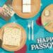 Graphic saying Happy Passover with Seder plate, matzoh and hagaddah
