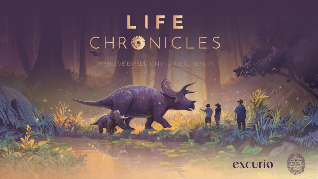 people in virtual reality experience with dinosaur