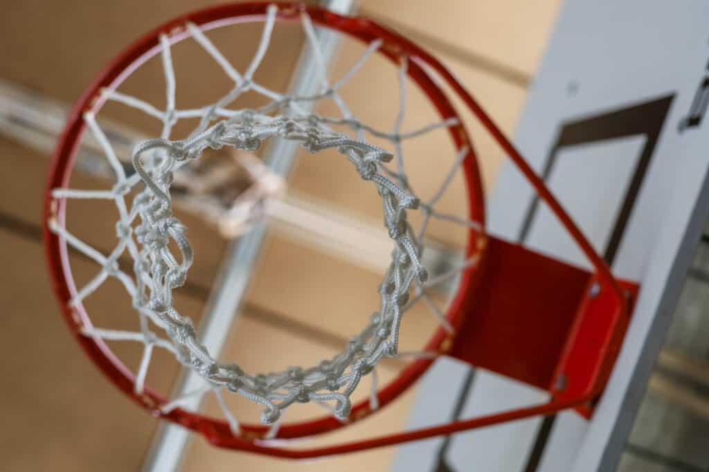View of a basketball hoop, from below