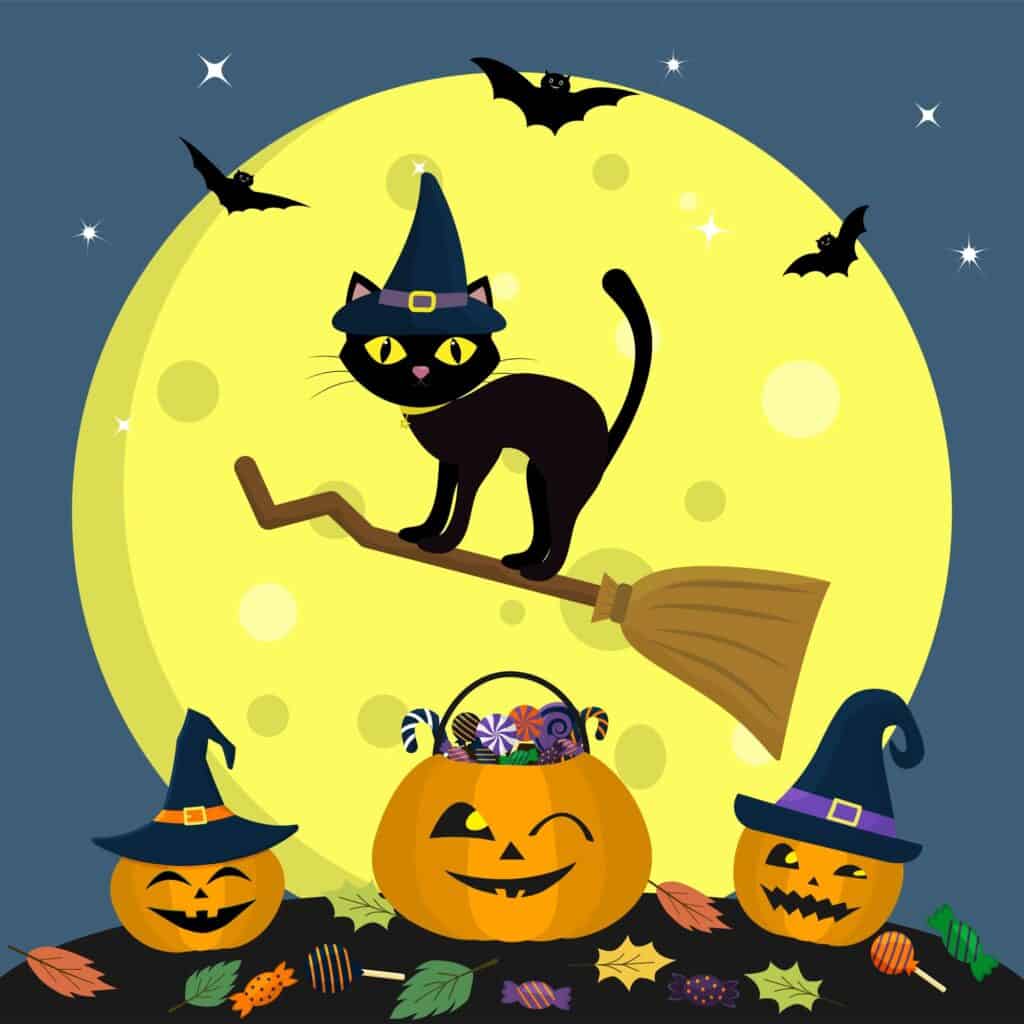 Happy Halloween. The Halloween cat in a witch s hat flies on a broomstick, against a full moon at night. Three pumpkins of Halloween with hats, sweets and leaves, volatile vampires and stars . Vector, flat style, cartoon.