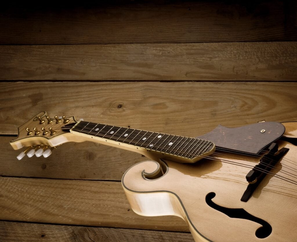 classic mandolin on wooden slats background